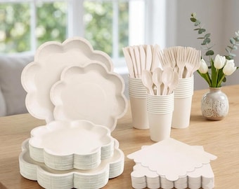 350-teiliges Ivory Einweggeschirr Set für 50 Gäste mit ausgebogten Tellern Tassen & Besteck