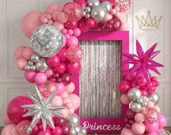 143stk Prinzessin Pink und Silber Valentinstag Ballon Girlanden Kit mit Krone & Disco Ball Luftballons