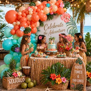 Puede incluir: Escena de fiesta con tem&aacute;tica tropical. Globos en tonos naranja, melocot&oacute;n y turquesa rodean una mesa con tarta, cupcakes y arreglos florales. El texto "Celebrate the Adventure" es visible.