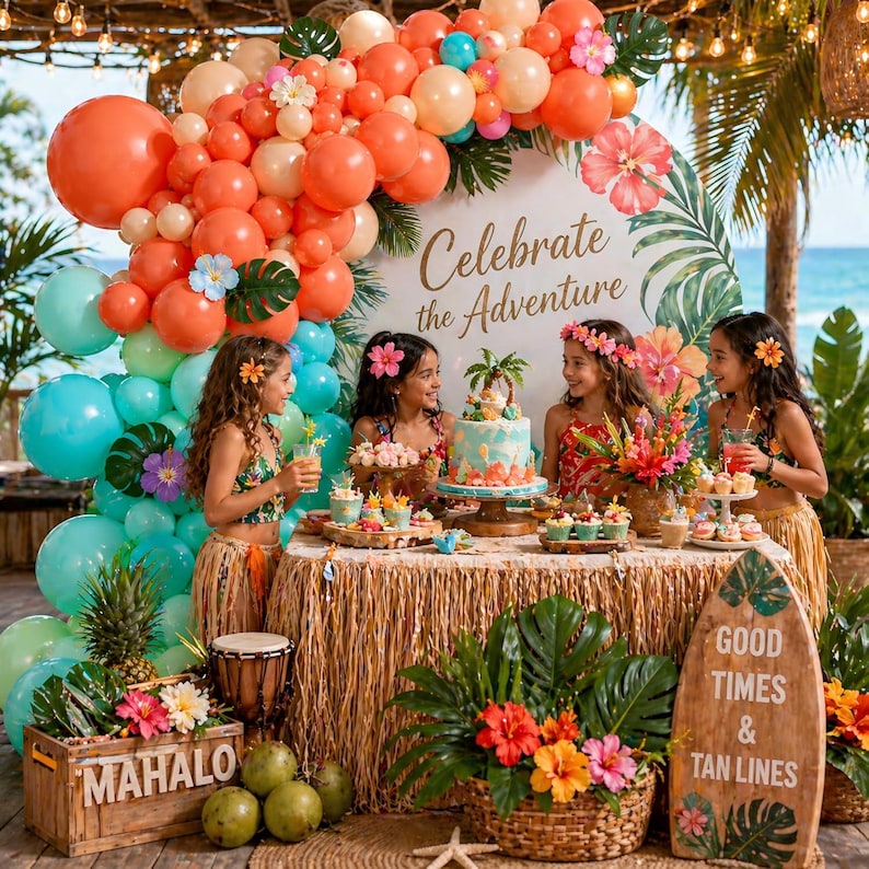 Puede incluir: Escena de fiesta con tem&aacute;tica tropical. Globos en tonos naranja, melocot&oacute;n y turquesa rodean una mesa con tarta, cupcakes y arreglos florales. El texto "Celebrate the Adventure" es visible.