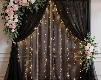 10 x 8 FT wit tule achtergrondgordijn met lichtslingers, transparante feestachtergrond voor bruiloft babyshower verjaardag
