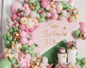 177-teiliges rosa und salbeigrünes Ballon-Kit mit goldenen Schmetterlingsaufklebern für Brautbabyparty