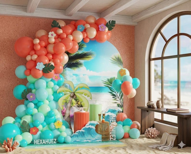 Puede incluir: Decoraci&oacute;n de fiesta vibrante con un arco de globos en colores coral, melocot&oacute;n y turquesa. El arco est&aacute; decorado con flores y hojas tropicales, con un tel&oacute;n de fondo de escena de playa. La palabra "HEXAHUEZ" es visible.