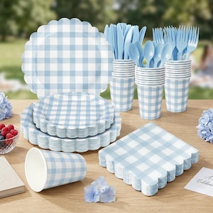 Op de afbeelding: Een picknickset met blauw-witte geruite borden, bekers, servetten en bestek. De set bevat borden in verschillende maten, bekers, vorken, lepels en messen. De scène speelt zich buiten af, met bloemen en bessen, wat duidt op een viering.