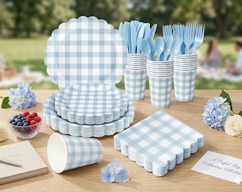 175 Stück hellblau Gingham Partybedarf Set, Teller Tassen Servietten Besteck für Baby Shower Geburtstag Hochzeit