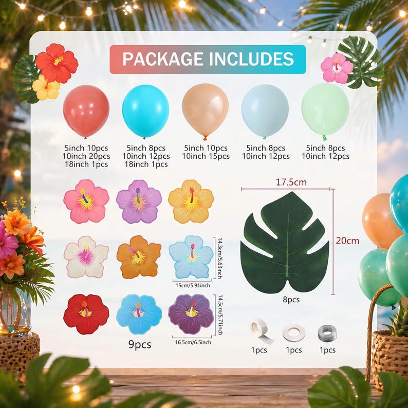 Puede incluir: Un conjunto de decoraci&oacute;n para fiestas que incluye globos de varios colores y tama&ntilde;os, recortes de flores tropicales y un gran recorte de hoja verde. El conjunto tambi&eacute;n incluye cinta adhesiva y puntos de pegamento. El texto "PACKAGE INCLUDES" est&aacute; en la parte superior.