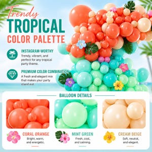 Puede incluir: Imagen de una paleta de colores tropicales para decoraciones de fiestas. El dise&ntilde;o presenta un arco de globos en naranja coral, verde menta y beige crema. El texto dice "Paleta de colores tropicales de moda" y destaca las combinaciones.