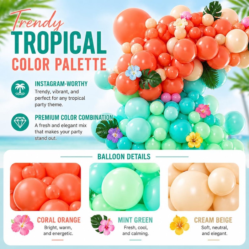 Puede incluir: Imagen de una paleta de colores tropicales para decoraciones de fiestas. El dise&ntilde;o presenta un arco de globos en naranja coral, verde menta y beige crema. El texto dice "Paleta de colores tropicales de moda" y destaca las combinaciones.