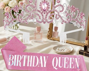 Birthday Queen Sash & Strass Tiara Set Gold Krone Stirnband für Frauen Geburtstagsparty