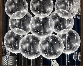 Paquete de 10 globos LED Bobo, globos de helio transparentes con luces LED y guirnalda de luces para decoración de fiestas de cumpleaños y bodas.