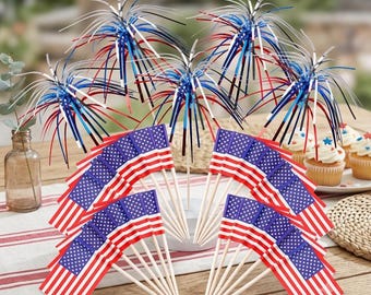150 STKS Tandenstokers 4 juli Amerikaanse Vlag Cupcake Toppers Rood Wit Blauw Cocktailprikkers Party Decor: