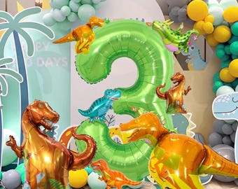 16-delige drie rex-ballonnen, dinosaurus 3e verjaardagsfeestje decoraties voor jongens met folieballonset