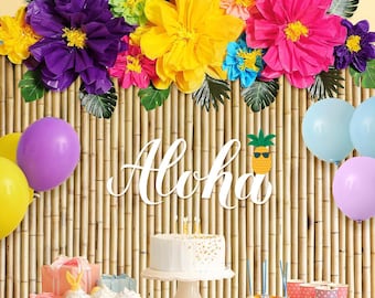 Hawaiian Strand Hintergrund 22 Stück Luau Party Dekorationen 3D Hibiskus Blumen Palmenblätter Aloha Photo Booth Decor