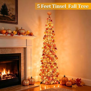 May include: A 152 cm tall tinsel autumn tree decorated with warm white lights, orange and red maple leaves, and small pumpkins. The tree has a conical shape and is topped with a small pumpkin. The text 5 Feet Tinsel Fall Tree is visible.