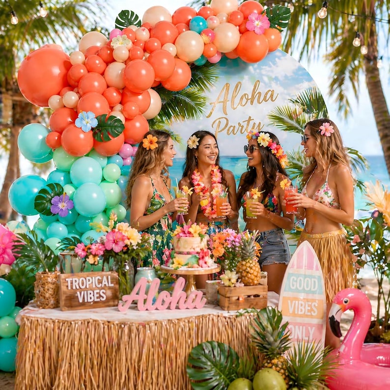 Puede incluir: Una escena de fiesta tropical con un arco de globos en coral, melocot&oacute;n y turquesa. El tel&oacute;n de fondo muestra las palabras "Aloha Party". Una mesa est&aacute; decorada con flores, pi&ntilde;as y un letrero que dice "Tropical Vibes".