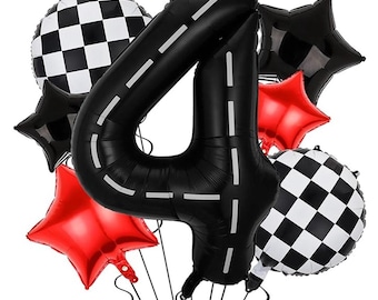Globos de cumpleaños con diseño de coche de carreras, globo de aluminio número 4 de 40 pulgadas, decoraciones de pista de carreras para el cuarto cumpleaños de niños, juego de 9 piezas