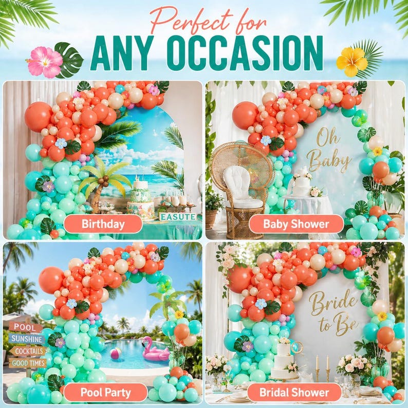 Puede incluir: Imagen que muestra decoraciones para fiestas con arcos de globos en coral, melocot&oacute;n y turquesa. Superposiciones de texto indican eventos: Cumplea&ntilde;os, Baby Shower, Fiesta en la piscina y Despedida de soltera. El texto "Perfect for Any Occasion" est&aacute; en la parte superior.
