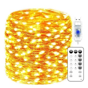 May include: A spool of warm white LED string lights with a USB connector and remote control. The remote has buttons for on/off, timer settings, and brightness control. The lights are coiled and ready for use.