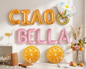 Decoraciones para despedida de soltera con temática de Citrus Spritz, pancarta de Ciao Bella, globo naranja, decoración para fiestas de verano.