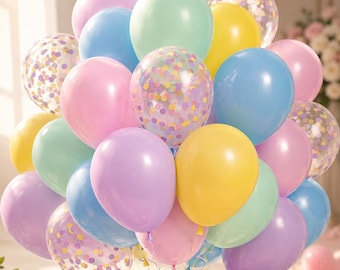 Set de 60 globos de macarons pastel con globos de confeti para la decoración de fiestas de cumpleaños y baby showers.