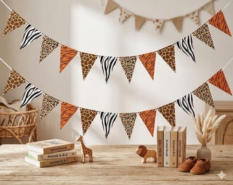 2 Stück Tierdruck Wimpel Banner Dschungel Safari Geburtstagsparty Dekorationen für Zoo Thema Veranstaltungen