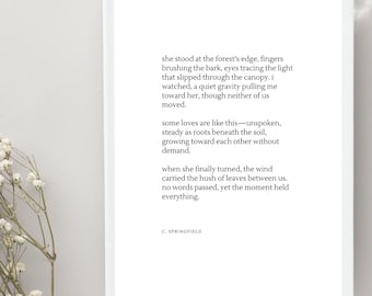 Unspoken – digitale poëzieprint (A4) | Romantisch, op de natuur geïnspireerd gedicht | Muurkunst liefde en verbinding