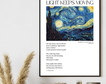 Licht blijft bewegen: digitale poëzieprint (A4) | Op sterrennacht geïnspireerd gedicht | Motiverende muurkunst