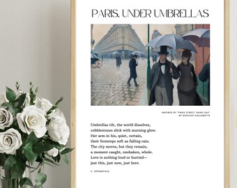 Parijs, onder paraplu's – digitale poëzieprint (A4) | Gedicht romantisch regenachtige dag | Op Parijs geïnspireerde muurkunst