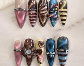 Schokoladen-Dessert-Kunstnägel zum Aufkleben, handgefertigte 3D-Süßigkeiten-Nägel, braune Katzenaugen-Nägel, von Süßigkeiten inspirierte Nagelkunst, niedliche Dessert-Kunstnägel zum Aufkleben