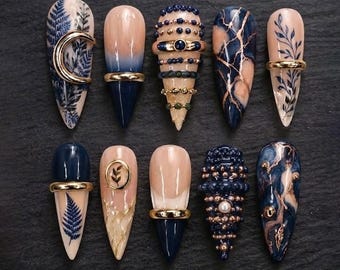 Navy Blue Gold Press On Nails, Luxury Botanical Nail Art, Nude Marble Nails, Handmade 3D Statement Nails, Elegant Nails