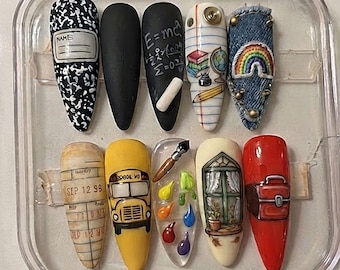 Aangepaste schoolpers op nagels, terug naar school-nagels, notitieboekje potloodbus nail art, leraar cadeau-nagels, schattige schoolnagels, handgemaakte nepnagels