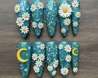 Handmade Sky Press On Nails | Moon, Daisy & Glitter Star Design