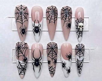 Spider Web Press On Nails, Halloween Spider Nails, Black Web Nail Art, Gothic Halloween Nails, Creepy Handmade Acrylic Nails