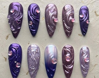 Galaxy Aura Press On Nails, Purple Cat Eye Nails, Cosmic Swirl Nails, Celestial Chrome Nails, Abstract 3D Nail Art, Space Inspired Nail Set