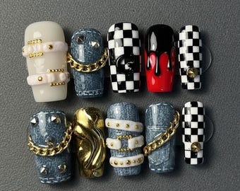 Handmade Edgy Denim Press On Nails with Chains and Checker Patterns