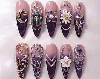Handmade Purple Celestial Press On Nails | Scarab Beetle, Moon, Floral Gold Art | Stiletto Nails for Mystic Boho Vibes