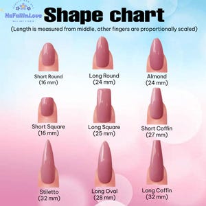 May include: A nail shape chart displays nine different nail shapes, including Short Round (16 mm), Long Round (24 mm), Almond (24 mm), Short Square (16 mm), Long Square (25 mm), Short Coffin (27 mm), Stiletto (32 mm), Long Oval (28 mm), and Long Coffin (32 mm).