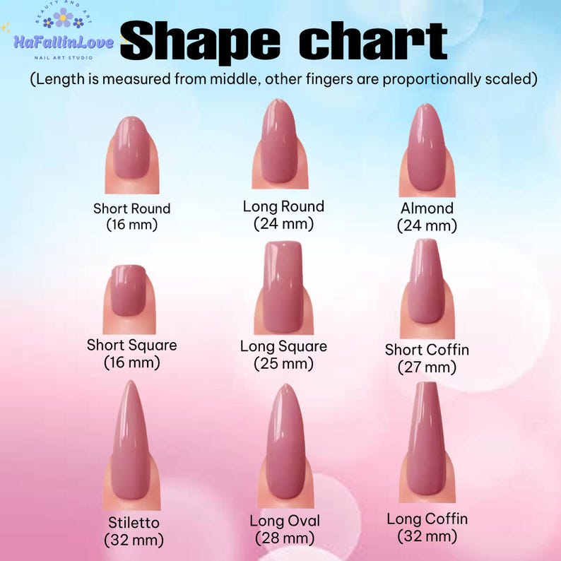 May include: A nail shape chart displays nine different nail shapes, including Short Round (16 mm), Long Round (24 mm), Almond (24 mm), Short Square (16 mm), Long Square (25 mm), Short Coffin (27 mm), Stiletto (32 mm), Long Oval (28 mm), and Long Coffin (32 mm).