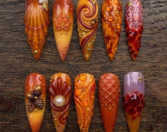 Herfstpers op nagels, krulnagels amber, 3D-nagelset herfstblad, Pumpkin Spice luxe pers op nagels, handgemaakte gelnagels