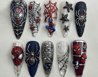 Opdruknagels met spinnenmotief | 3D-spinnenstripnagels | Handgemaakte acrylnagelset met superheldenthema