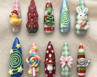 Speelse plaknagels met sprookjesthema, 3D konijnennagels, paddenstoelnagels, snoepnagels, fantasienagels, schattige handgemaakte plaknagels