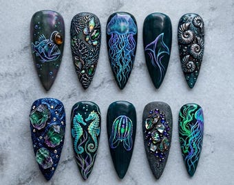 Deep Sea Abyss pers op nagels | Kwal Zeepaardje Oceaan Fantasie Gothic Zeemeermin Nagels
