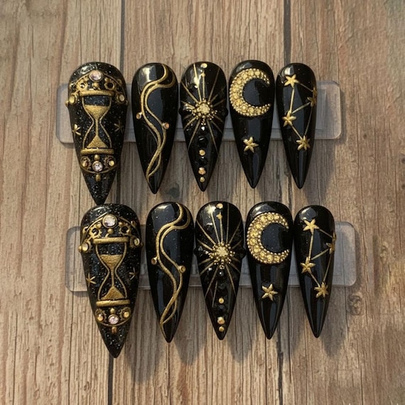 Handmade Celestial Galaxy Press On Nails | Gold Moon, Stars & Hourglass Art | Long Nails For Mystic Cosmic Vibes