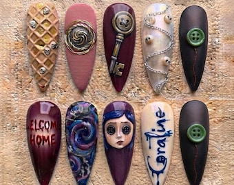 Gothic Button Doll Press On Nails, Dark Fantasy Nail Art, Spooky Doll & Key Nails, Purple Burgundy False Nails, Creepy Cute Nails
