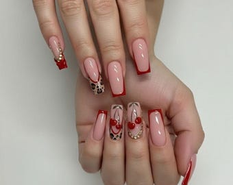 Red French Tip Cherry Press On Nails Trendy Leopard Accent Design
