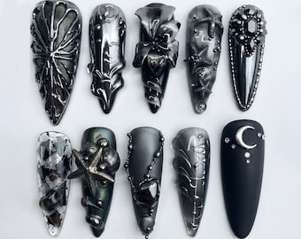 Zwarte chroom plaknagels, luxe gotische nagels, 3D metallic nagels, donkere zeemeerminnagels, nagels geïnspireerd op de oceaan, handgemaakte nepnagels