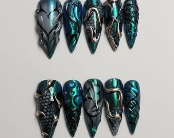Emerald Chrome Snake pers op nagels, 3D-slangnagelset, metallic groene luxe nagels, Gothic Fantasy handgemaakte pers op nagels