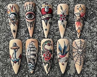 Handmade Vintage Tattoo Press On Nails | Snake, Eye, Heart, Anchor & Swallow Art | Stiletto Nails