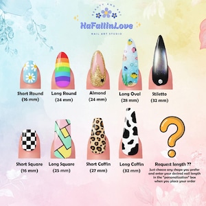 May include: A nail art studio display featuring various nail shapes and designs. Styles include short round, long round, almond, long oval, stiletto, short square, long square, short coffin, and long coffin. Each nail shape has a different design and length in millimeters.