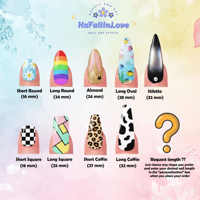 May include: A nail art studio display featuring various nail shapes and designs. Styles include short round, long round, almond, long oval, stiletto, short square, long square, short coffin, and long coffin. Each nail shape has a different design and length in millimeters.